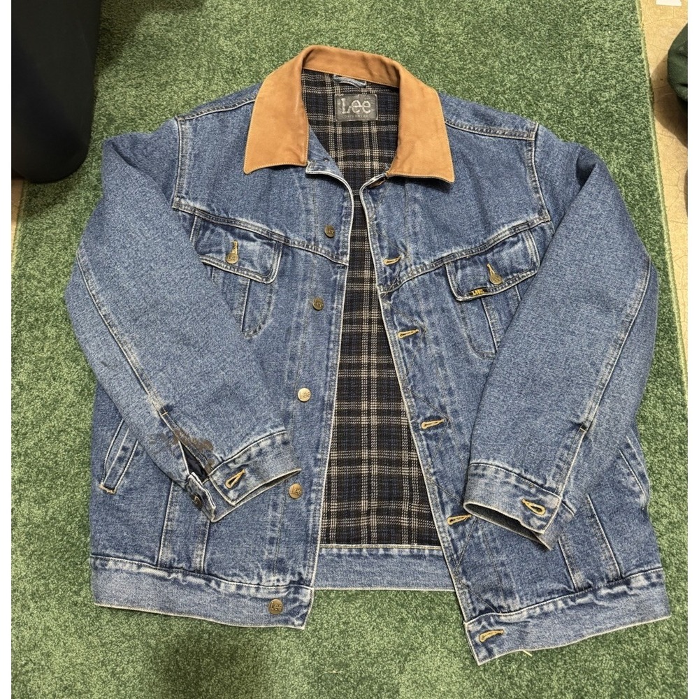 Vintage Lee Denim Lined Leather Trim Trucker Work Ranch Barn Jacket M-L